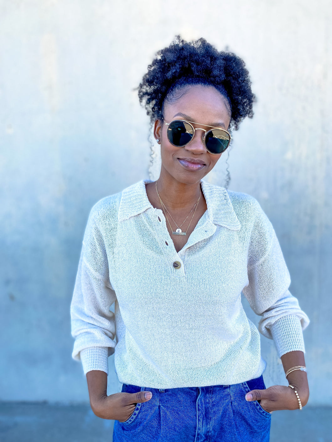 Lightweight Knit Polo Sweater- Stone - So Underdressed